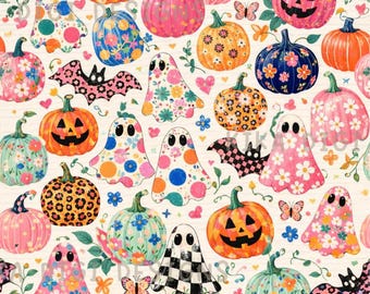 Boho Floral Pumpkins Seamless Pattern Repeat Fabric Pattern Retro Digital Paper Sublimation Design for Scrapbooking Digital Download PNG