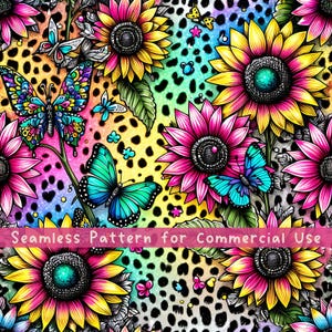 Leopard Sonnenblumen Nahtlose Muster Blume Nahtlose Muster Stoff PNG-Wiederholungsmuster Kommerzielle Lizenz Neon Lebendige Leopard Design-Datei