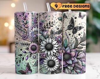 Black Sunflowers 20oz Tumbler Wrap, Grand millenial 20oz Skinny PNG, Purple Glitter Butterfly Sublimation, Glitter Flowers Digital Download
