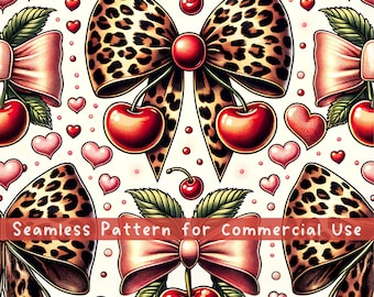 Leopard Bows Seamless pattern Cherry Bows Repeating Pattern Commercial Use Leopard Design Coquette Cute Hearts Sublimation digital png