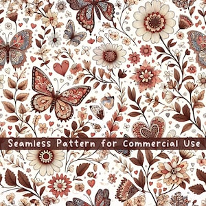 Pode incluir: Um padrão contínuo com borboletas, flores variadas e pequenos corações em tons de castanho, creme e vermelho suave sobre um fundo branco. O texto "Seamless Pattern for Commercial Use" está impresso no centro da imagem.