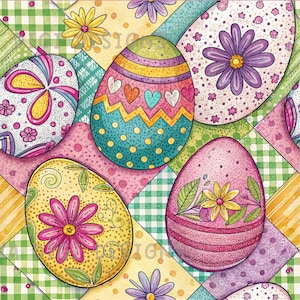 Pode incluir: Um padrão sem costura com ovos de Páscoa coloridos com desenhos florais e geométricos. Os ovos são colocados sobre um fundo de patchwork de vários padrões e cores, incluindo xadrez verde, listras amarelas e bolinhas rosa. O texto "SEAMLESS PATTERN" e "COMMERCIAL USE INCLUDED" são exibidos.