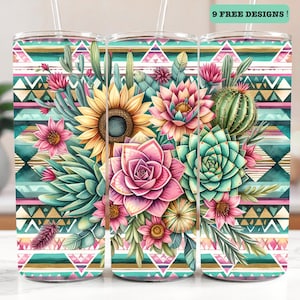 Boho Azteekse zonnebloemen cactus beker wrap, 20oz beker sublimatie ontwerpen, westerse beker wrap, zonnebloem beker wrap, digitale download