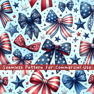 Red White & Blue Bows Seamless Pattern, Patriotic Ribbons Repeat Patten, Cute 4th of July Party Download Seamless File Independence Day
