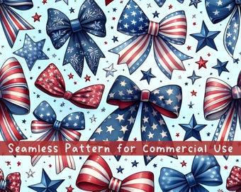 Red White & Blue Bows Seamless Pattern, Patriotic Ribbons Repeat Patten, Cute 4th of July Party Download Seamless File Independence Day