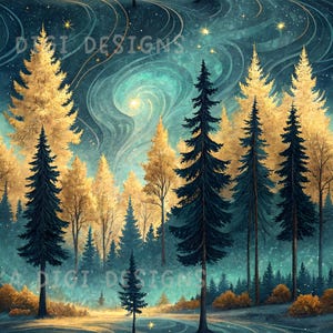 Moonlit Pine Trees Firest Seamless Pattern Repeat Fabric Pattern Digital Paper Sublimation Design for Scrapbooking Digital Download PNG