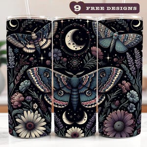Gothic Moth Witchy Vibes Celestial Tumbler Wrap, 20 oz Skinny Tumbler Sublimation Design, Wiccan Witch Tumbler Design, Digital Download PNG