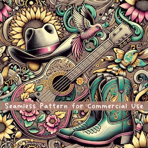 Botas de cowboy estilo boho estilo western, padrão sem emendas, festa de cowgirl, festa country estilo western, chapéu de cowboy, chapéu, sublimação, arquivo de design png
