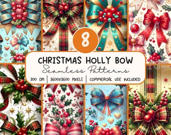 Christmas Holly Bow Seamless Pattern Bundle,  Coquette Digital Paper PNG,  Sublimation Design, Repeat Pattern Digital Download