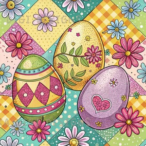 Easter Egg Patchwork Seamless Pattern Repeat Fabric Pattern Digital Paper Sublimation Design for Scrapbooking Digital Download PNG Floral