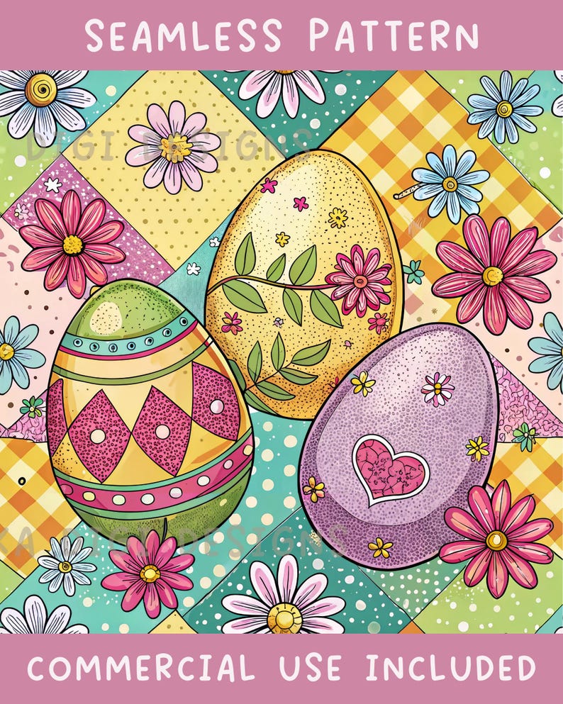 The image is a colorful and vibrant collage featuring three decorated Easter eggs surrounded by various flowers and polka dots.