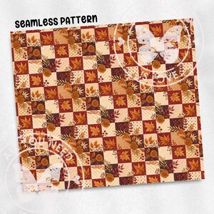 The image is a seamless pattern featuring a repeating design of autumn leaves and flowers in various shades of brown, orange, and yellow. The pattern is composed of small square tiles arranged in a grid-like pattern, creating a visually appealing and vibrant design.