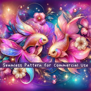 Pink Glitter Flying Fish Seamless pattern Flower Seamless Pattern Fabric PNG Repeat Pattern Commercial License Holographic Fabric Design