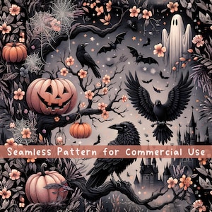 Dark Raven Pumpkin Seamless Pattern Halloween Sublimation Design Dark Cottagecore Aesthetics Witchy Halloween Ghost Repeating Digital File