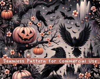 Motivo senza cuciture con zucca corvo scuro, design per sublimazione di Halloween, estetica dark cottagecore, fantasma di Halloween da strega, file digitale ripetuto