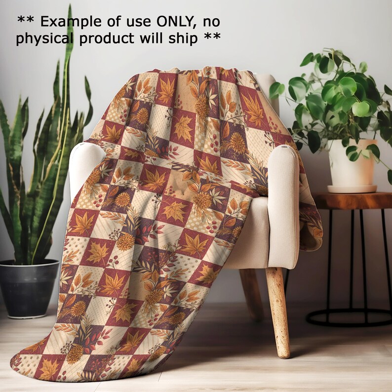 a cozy indoor setting with a patterned throw blanket draped over a chair, a potted plant, and a wooden table.