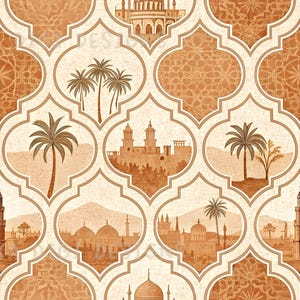 Peut inclure: Motif de motif sans couture avec des éléments architecturaux, des palmiers et des formes géométriques dans des tons de marron et de crème. Le texte "SEAMLESS PATTERN" et "COMMERCIAL USE INCLUDED" sont affichés.