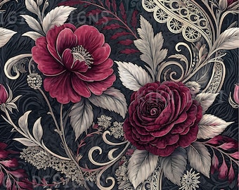 Gothic Blume Nahtlos Muster Dunkel Cottagecore Stoffmuster PNG Kommerzielle Lizenz Tapete Blumen Sublimationsdesign Digitaler Download