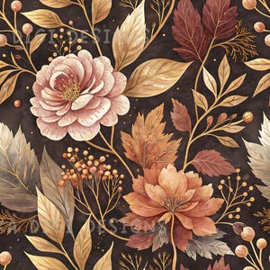 Dark Fall Floral Seamless Pattern Repeat Fabric Pattern Digital Paper Sublimation Design for Scrapbooking Digital Download PNG Cottagecore