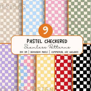 May include: A collection of nine seamless digital patterns featuring a wavy checkered design in various colors including beige, light blue, pink, sage green, purple, yellow, red, and black, with text reading 9 PASTEL CHECKERED Seamless Patterns.