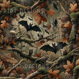 May include: Seamless pattern featuring a spooky forest scene with bats, spiders, cats, and autumn leaves. The design includes a skull, spiderwebs, and the text "SEAMLESS PATTERN" and "COMMERCIAL USE INCLUDED".