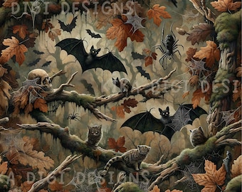Fall Season Seamless Pattern Creepy Bats Cats Spiders Skulls Sublimation Design Png Repeating Pattern Digital Download Commercial License