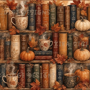 Könnte beinhalten: Ein nahtloses Muster mit drei Holzregalen voller Bücher im Vintage-Stil, dampfenden Tassen mit Heißgetränken und verstreuten Herbstblättern. Mehrere Kürbisse sind zwischen den Büchern platziert. Der Text lautet SEAMLESS PATTERN und COMMERCIAL USE INCLUDED.