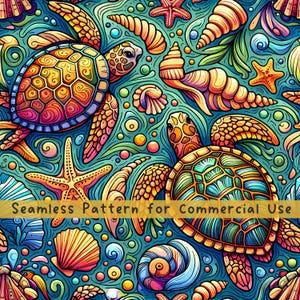 Meeresschildkröte Musterdesign Muscheln Seamless Pattern Fabric PNG Rapportmuster Kommerzielle Lizenz Stoffdesign Schildkröten Meeresbewohner PNG