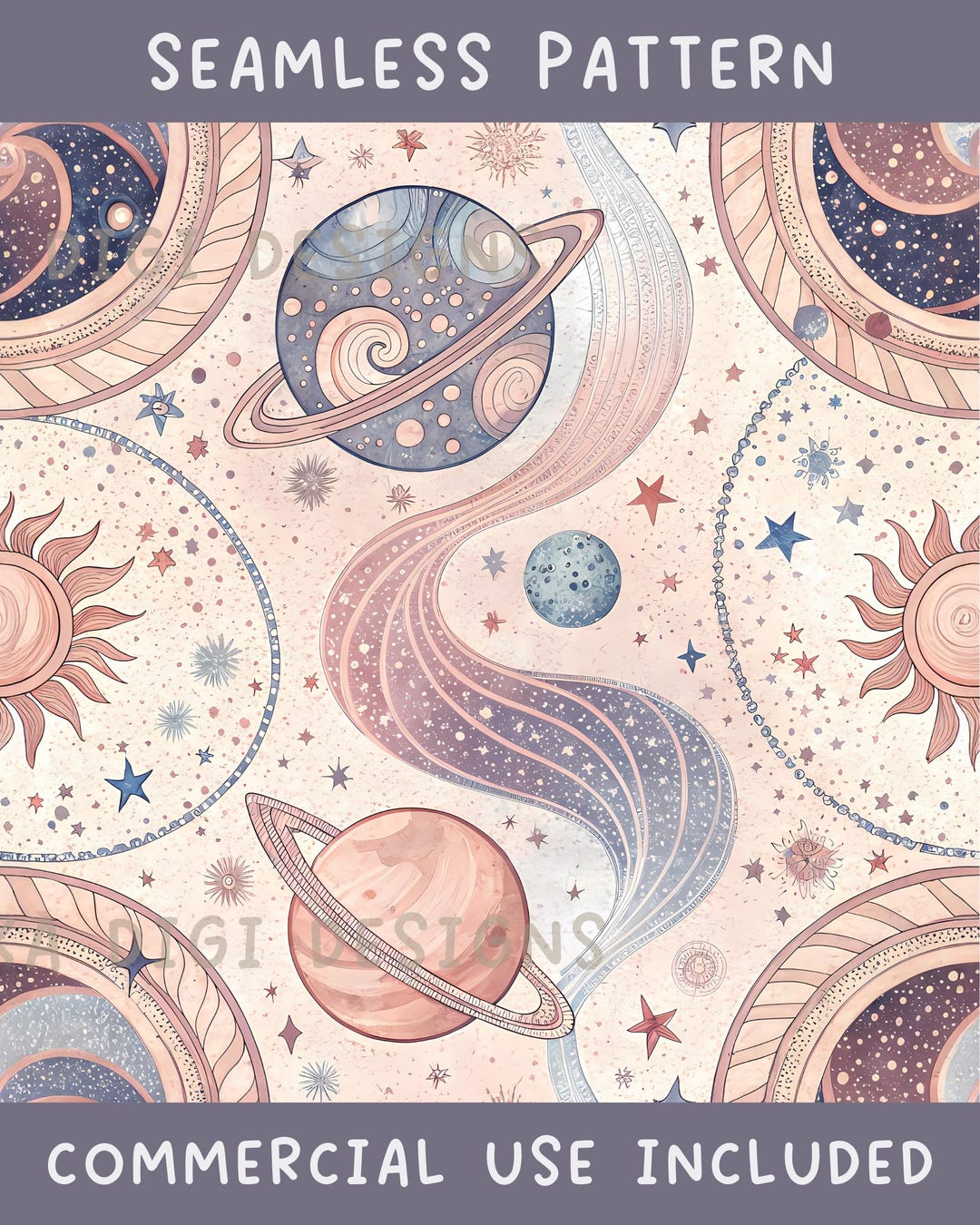 Pastel Galaxy Planets Seamless Pattern Repeat Fabric Pattern Digital ...