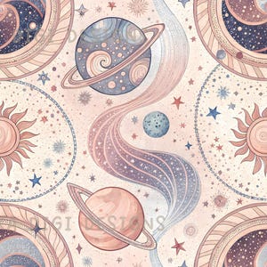 Pastel Galaxy Planets Seamless Pattern Repeat Fabric Pattern Digital Paper Sublimation Design for Scrapbooking Digital Download PNG Space