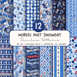 Könnte beinhalten: Eine Sammlung von 12 nahtlosen Nordic knit snowday Mustern mit blau-weißen Wintermotiven, Fäustlingen, Mützen, Schneeflocken, Tannenzweigen und Beeren. Der Text lautet 12 NORDIC KNIT SNOWDAY Seamless Patterns 300 DPI 3600X3600 PIXELS.