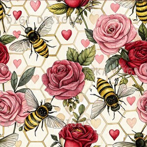 May include: Seamless pattern featuring watercolor illustrations of bees, roses, and hearts. The design includes yellow and black bees, red and pink roses, and pink hearts on a honeycomb background. Text at the top reads "SEAMLESS PATTERN" and at the bottom "COMMERCIAL USE INCLUDED".