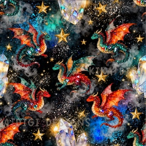 May include: Seamless pattern featuring watercolor dragons with red and green bodies, orange wings, and jewel accents. The design includes gold stars, crystals, and the text "SEAMLESS PATTERN" and "COMMERCIAL USE INCLUDED" on a dark, starry background.