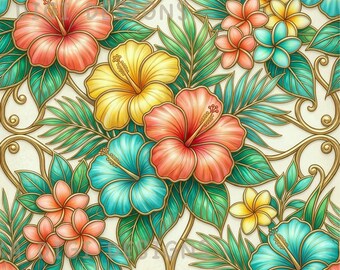 Glass Tropical Flowers Seamless Pattern Repeat Fabric Pattern Digital Paper Sublimation Design for Scrapbooking Digital Download PNG Floral