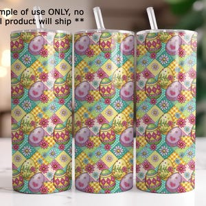 three colorful tumblers with a repeating pattern of Easter eggs and flowers on them.