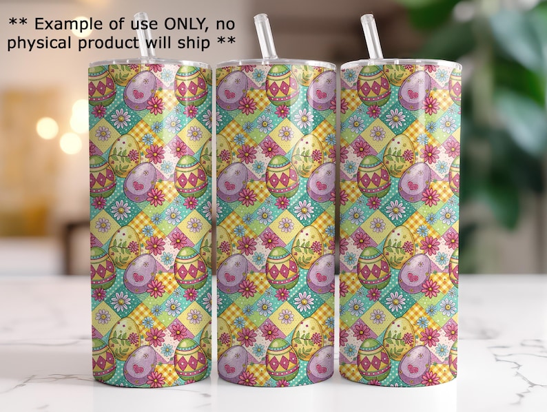 three colorful tumblers with a repeating pattern of Easter eggs and flowers on them.