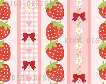 Strawberry Gingham Bow Seamless Pattern Repeat Fabric Pattern Digital Paper Sublimation Design for Scrapbooking Digital Download PNG
