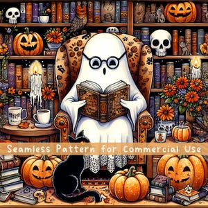 Retro Ghost Reading Books Seamless Pattern Librarian Ghost Halloween Sublimation Design Halloween Png Seamless Book lover Digital File