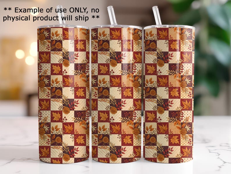 three cylindrical objects with a repeating pattern of autumn leaves and flowers on their surfaces.