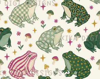 Whimsical Patterned Frog Toad Seamless Pattern Repeat Fabric Pattern Digital Paper Sublimation Design for Scrapbooking Digital Download PNG
