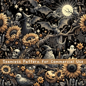 Halloween Seamless Pattern Halloween Sublimation Design Halloween Png spooky season Sunflowers scrapbook paper Gothic Skeletons Creepy Woods