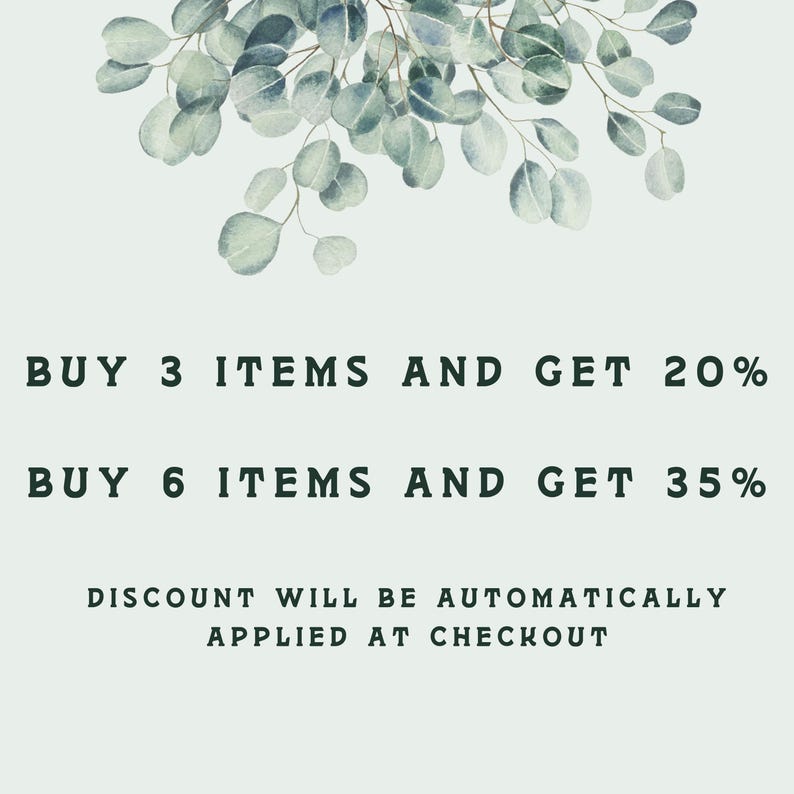 a sale advertisement with a green leafy background and text promoting a discount on purchases.