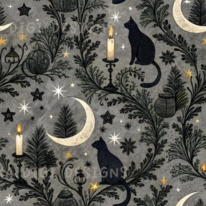 以下が含まれることがあります： 黒猫、三日月、星、ろうそくをグレーの背景に配置したシームレスパターン。装飾的な花の要素と「SEAMLESS PATTERN」と「COMMERCIAL USE INCLUDED」のテキストが含まれています。