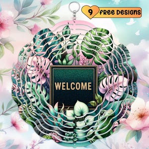 Welcome Sign Tropical Wind Spinner Sublimation Design, PNG Digital Download, Frog Garden Decor, Windspinner, Monstera Jungle Spring Decor