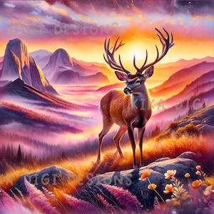 May include: Digital art of a majestic deer with large antlers standing on a rocky outcrop, set against a vibrant sunset over a mountain range. The image features a seamless pattern design with the text "SEAMLESS PATTERN" and "COMMERCIAL USE INCLUDED".