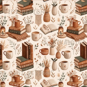 Motivo senza cuciture "Cozy Book Coffee" ripetuto, motivo autunnale a tema libri, design digitale per sublimazione su carta per scrapbooking, download digitale PNG