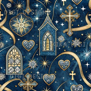 Peut inclure: Motif sans couture sur fond bleu foncé, orné de croix, cœurs, étoiles et éléments architecturaux dorés. Le motif comprend le texte "SEAMLESS PATTERN" et "COMMERCIAL USE INCLUDED".