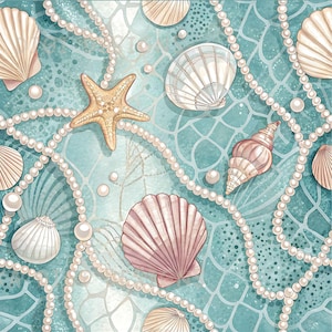 May include: A seamless pattern design featuring seashells, pearls, and a starfish on a teal background. The design includes various shell shapes in shades of pink and cream, with strings of pearls and scattered pearl accents. The text "SEAMLESS PATTERN" and "COMMERCIAL USE INCLUDED" are visible.
