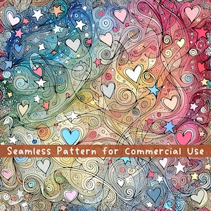 Hearts Seamless Pattern Fabric Pattern Kawaii Colourful Pattern Commercial License Gradient Doodles Rainbows and Hearts PNG Colourful Girly