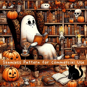 Retro Geist Lesebücher Nahtloses Muster Bibliothekar Geist Halloween Sublimationsdesign Halloween Png nahtlose Boo Schule digitale Datei